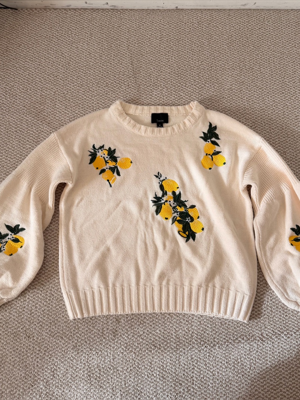Cream Lemon-Embroidered Women's Sweater